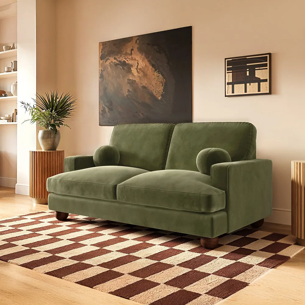 Addison 2-Seater Sofa with Ball Feet - Khaki Green, Velvet