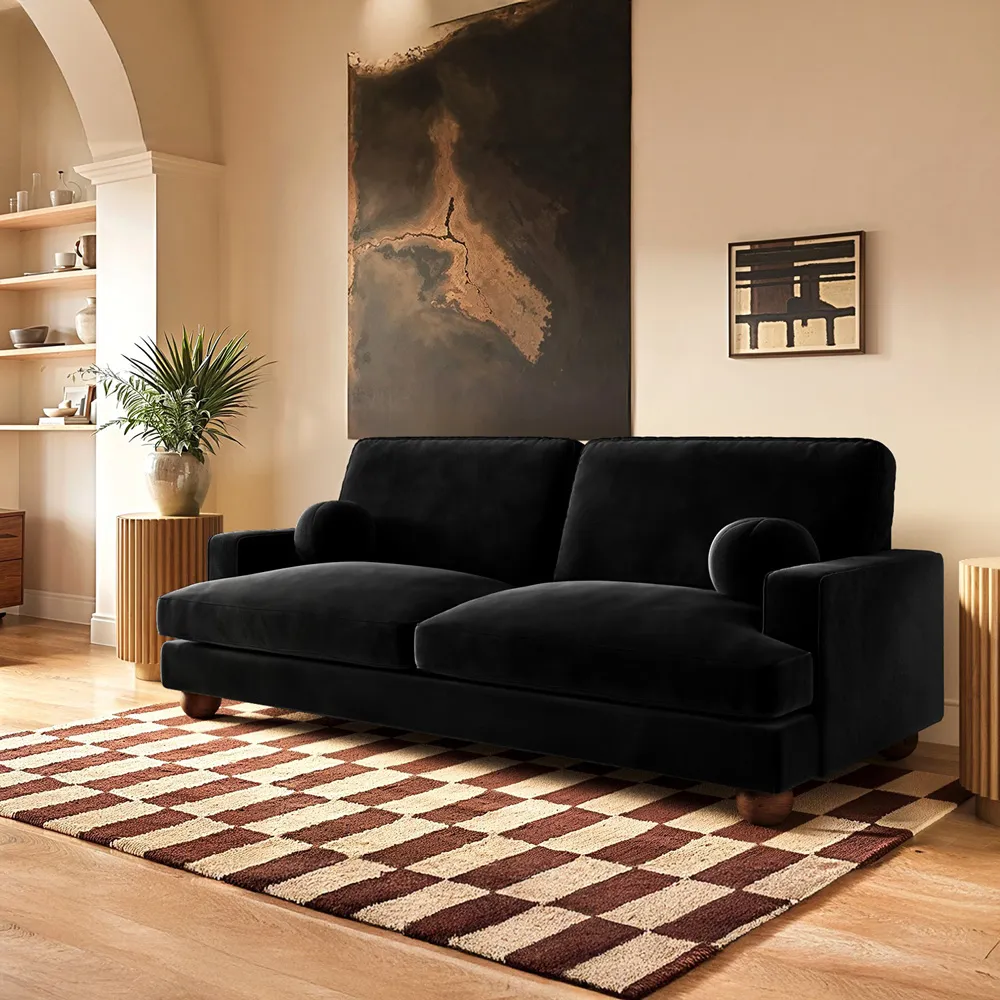 Addison 3-Seater Sofa with Ball Feet - Black, Velvet
