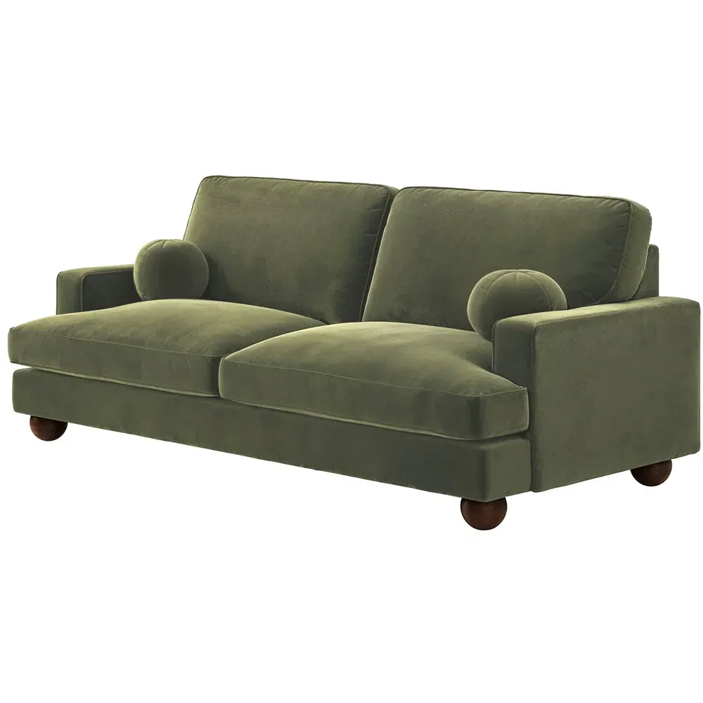 Addison 3-Seater Sofa with Ball Feet - Khaki Green, Velvet