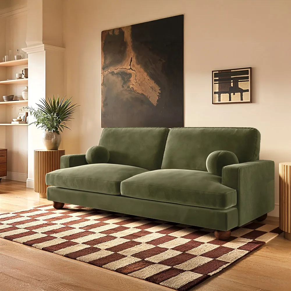 Addison 3-Seater Sofa with Ball Feet - Khaki Green, Velvet