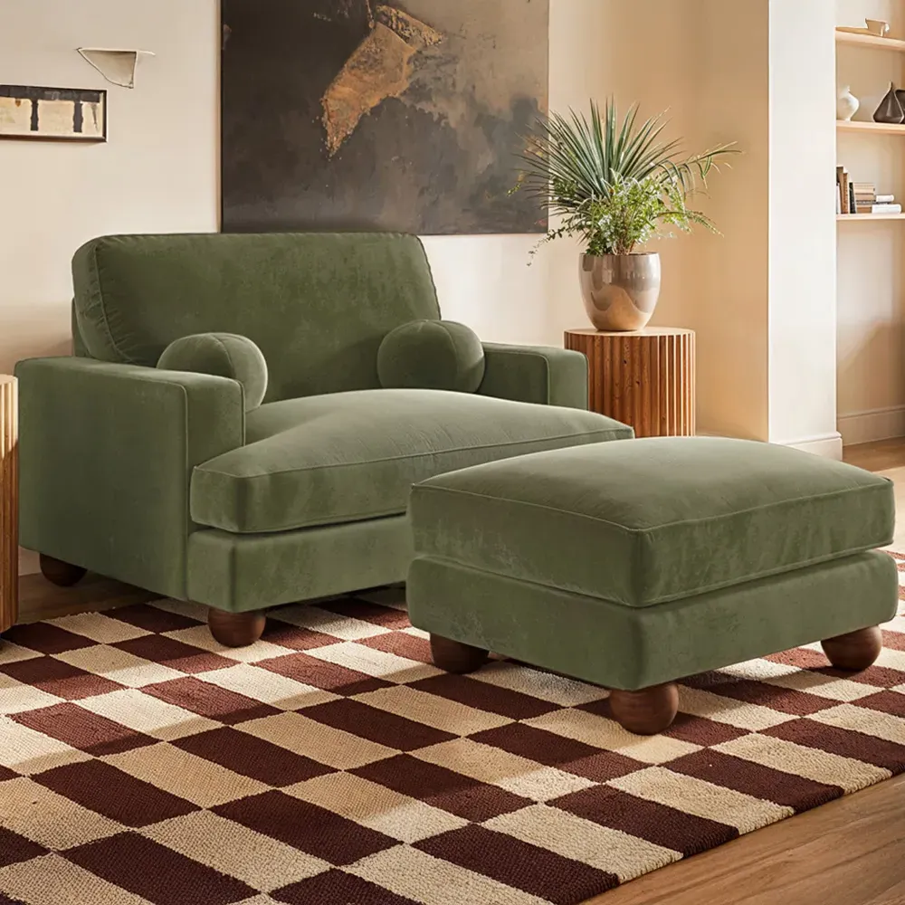 Addison Loveseat and Footstool Set - Green, Velvet