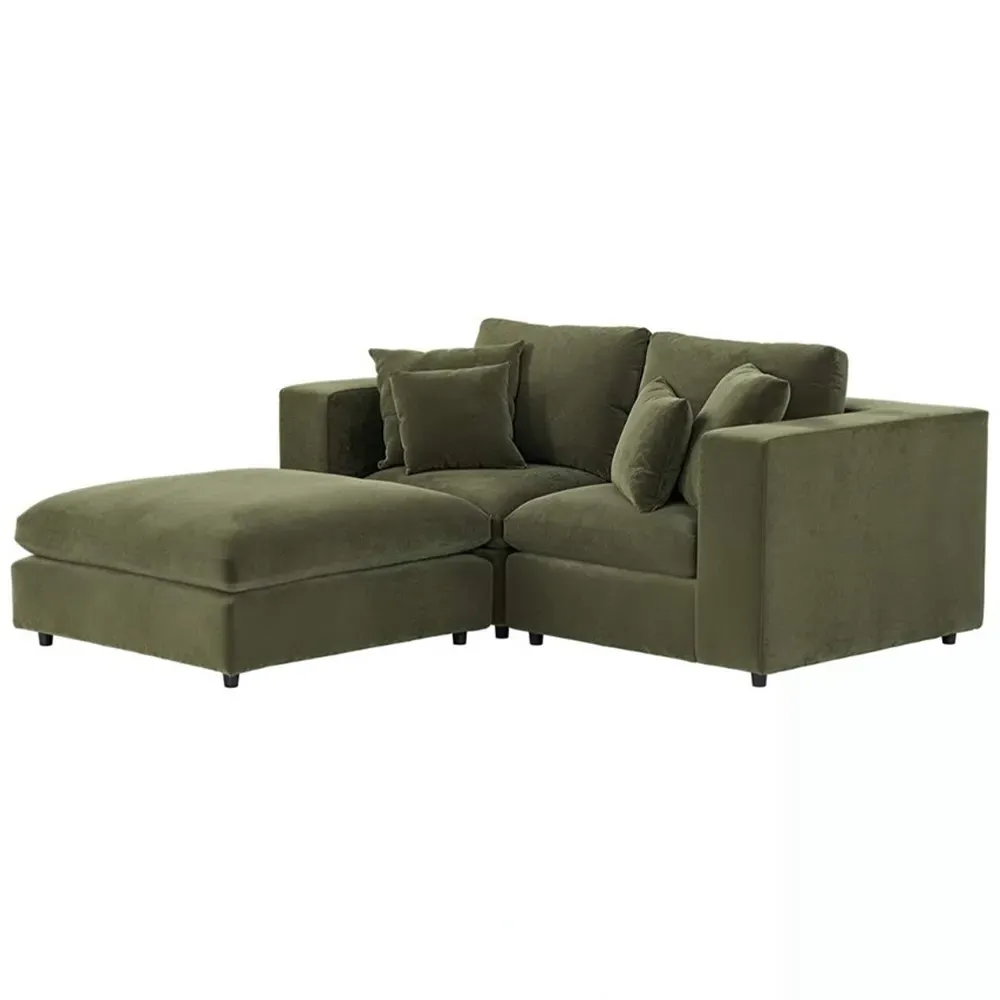 Asher 3-Seater Sofa with Footstool - Khaki Green, Velvet