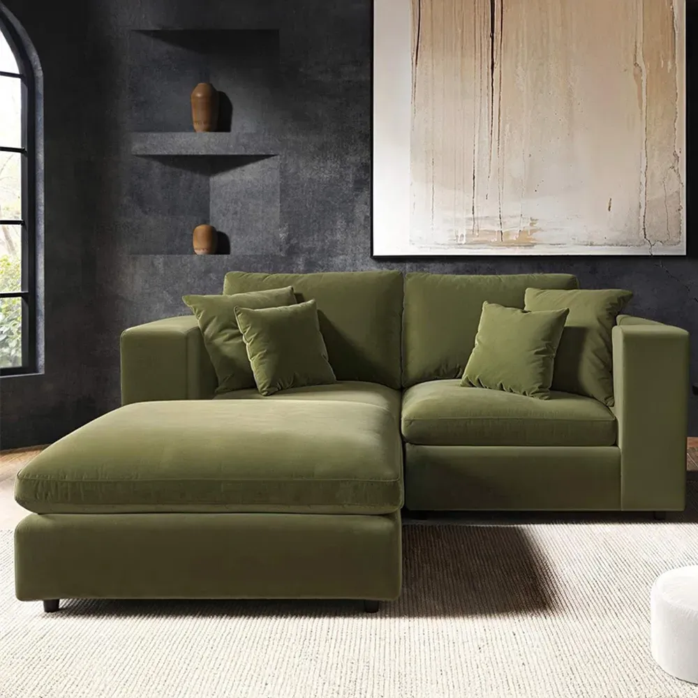 Asher 3-Seater Sofa with Footstool - Khaki Green, Velvet