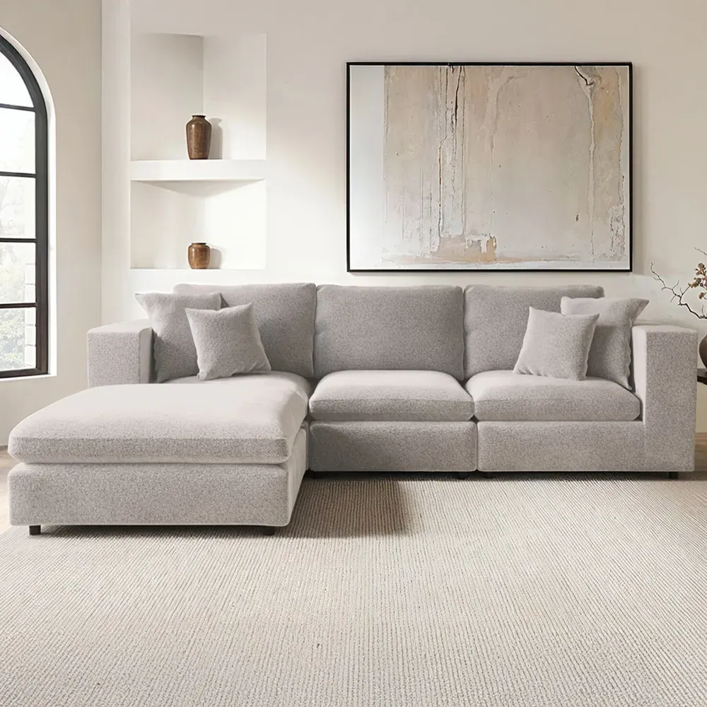 Asher 4-Seater Sofa with Footstool - Beige, Boucle