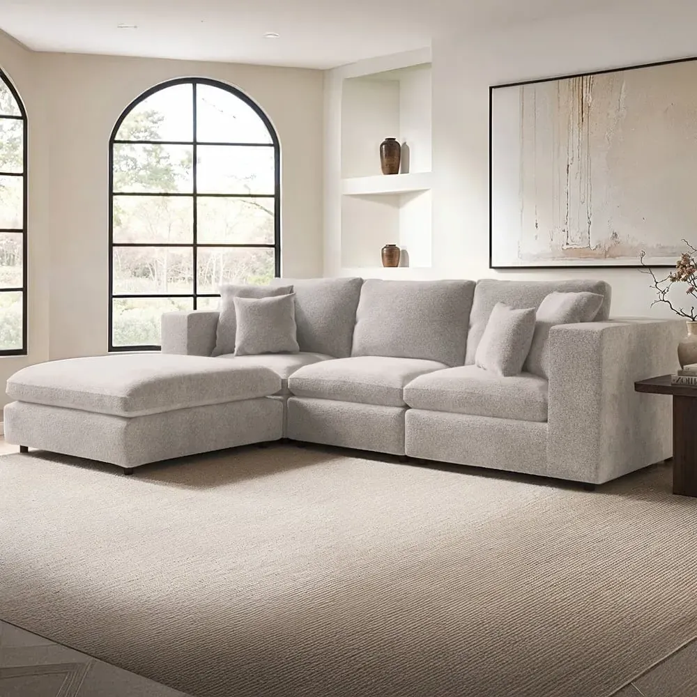Asher 4-Seater Sofa with Footstool - Beige, Boucle