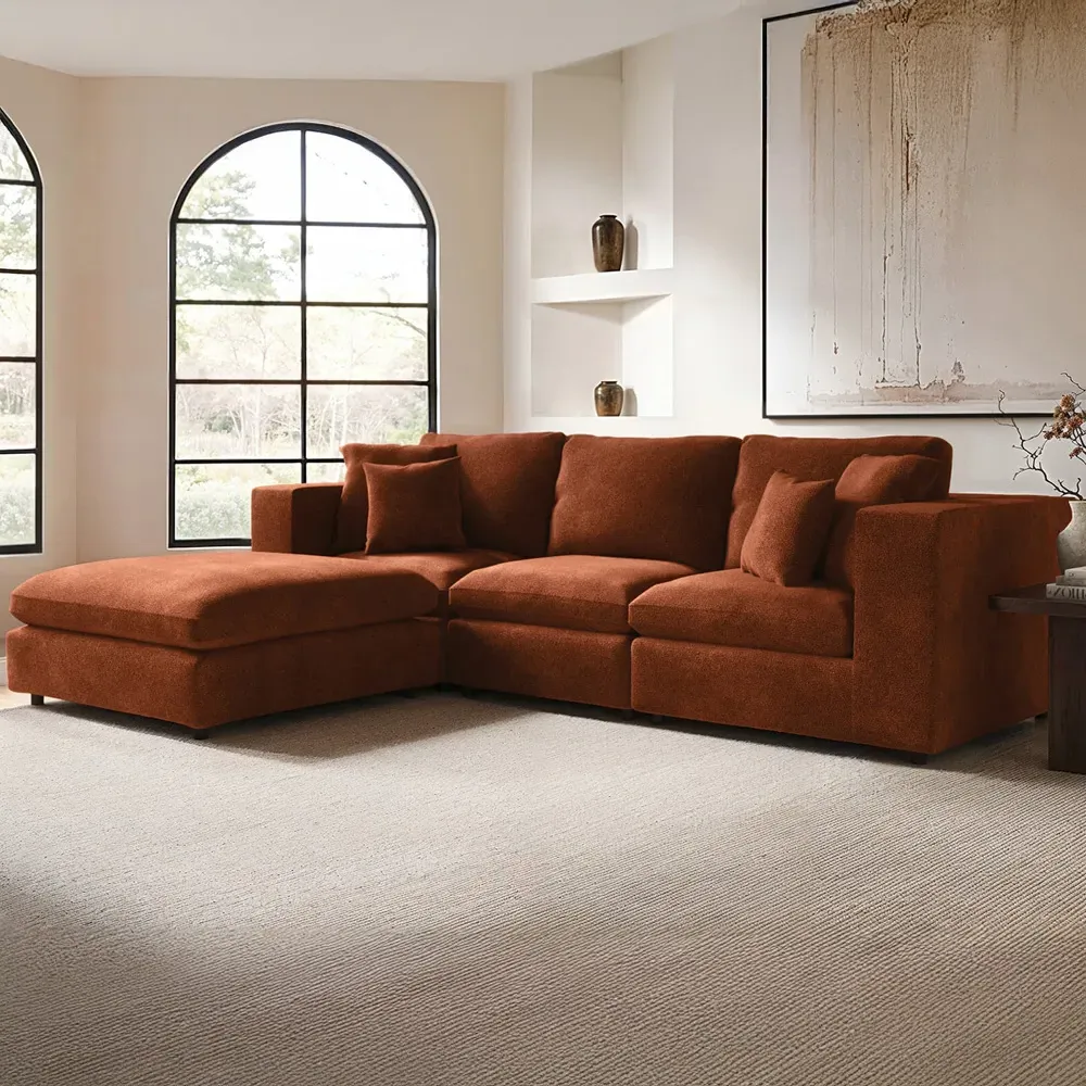 Asher 4-Seater Sofa with Footstool - Burnt Orange, Chenille