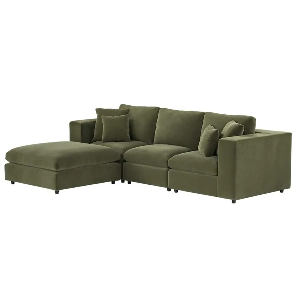 Asher 4-Seater Sofa with Footstool - Khaki Green, Velvet