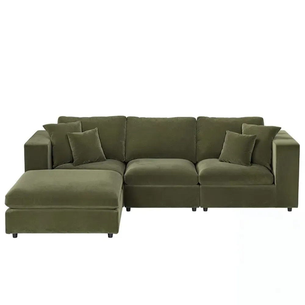 Asher 4-Seater Sofa with Footstool - Khaki Green, Velvet