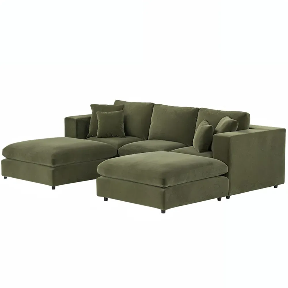 Asher 4-Seater U-Shape Sofa with Footstool - Khaki Green, Velvet