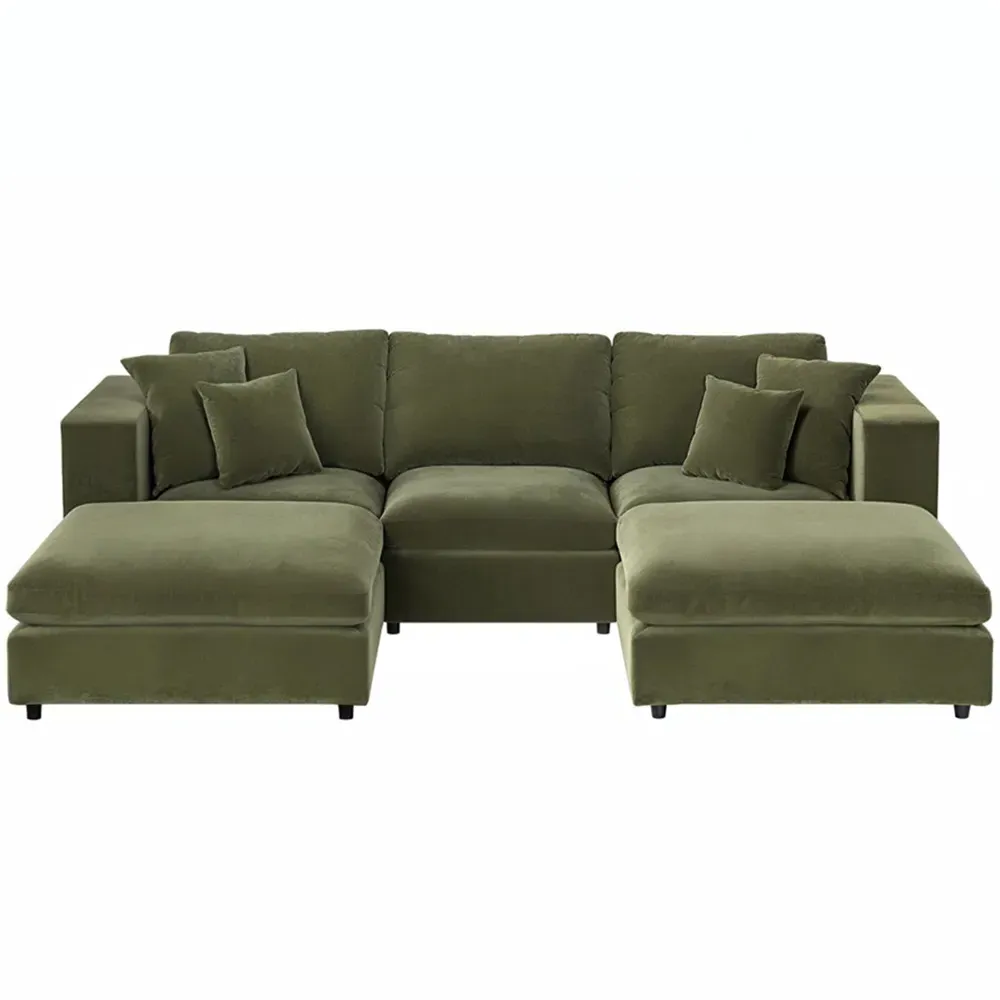 Asher 4-Seater U-Shape Sofa with Footstool - Khaki Green, Velvet