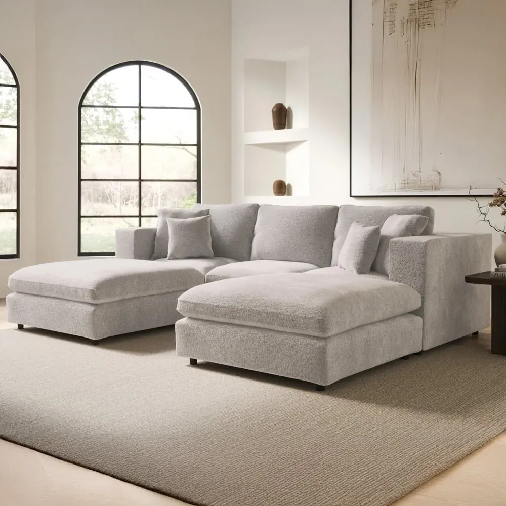 Asher U-Shaped 4-Seater Sofa with Footstool - Beige, Boucle