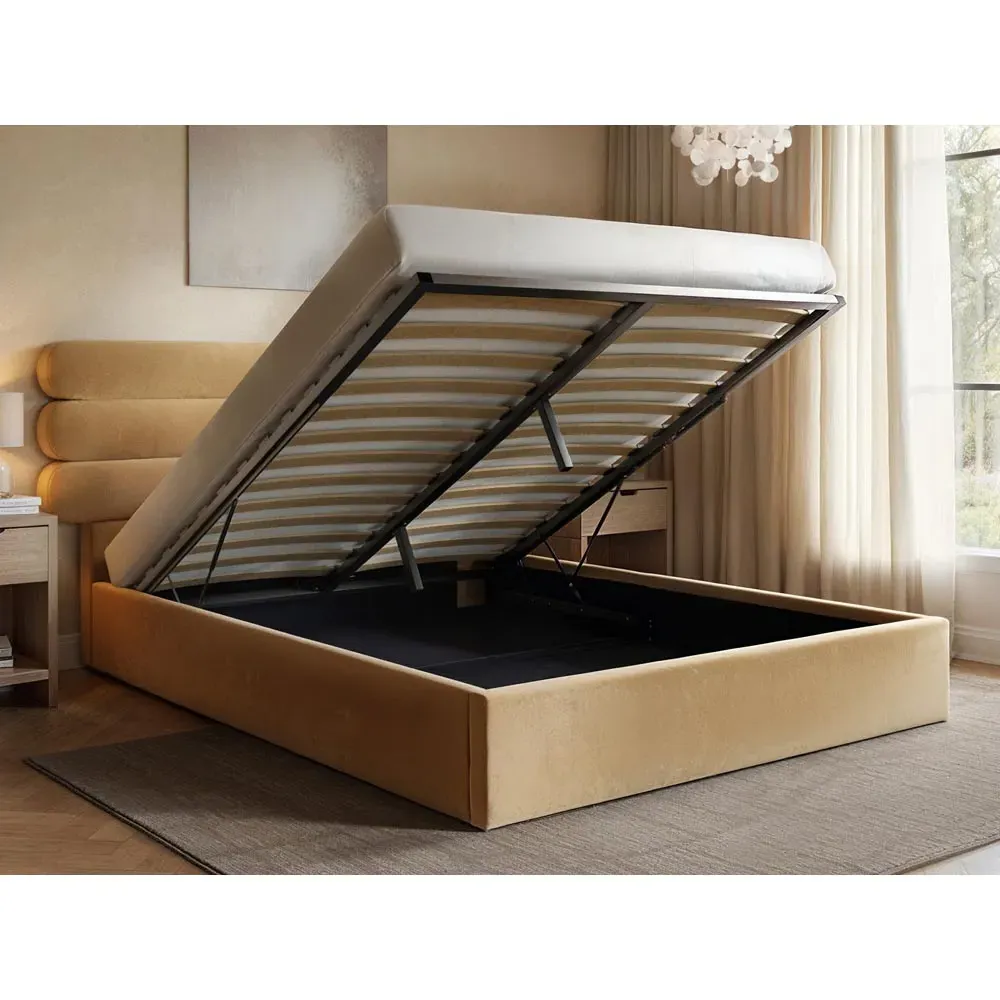Atlas Double Ottoman Bed with Storage - Gold, Velvet