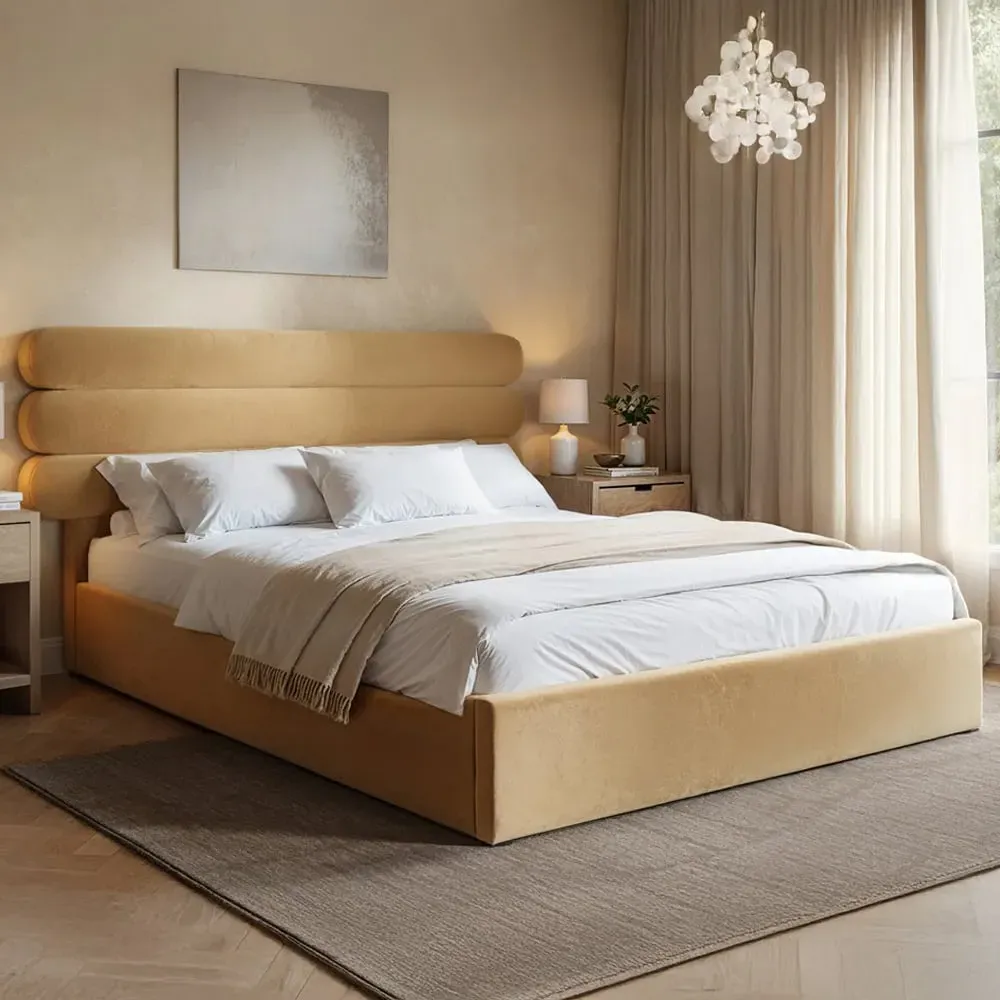 Atlas King Size Ottoman Bed with Storage - Gold, Velvet