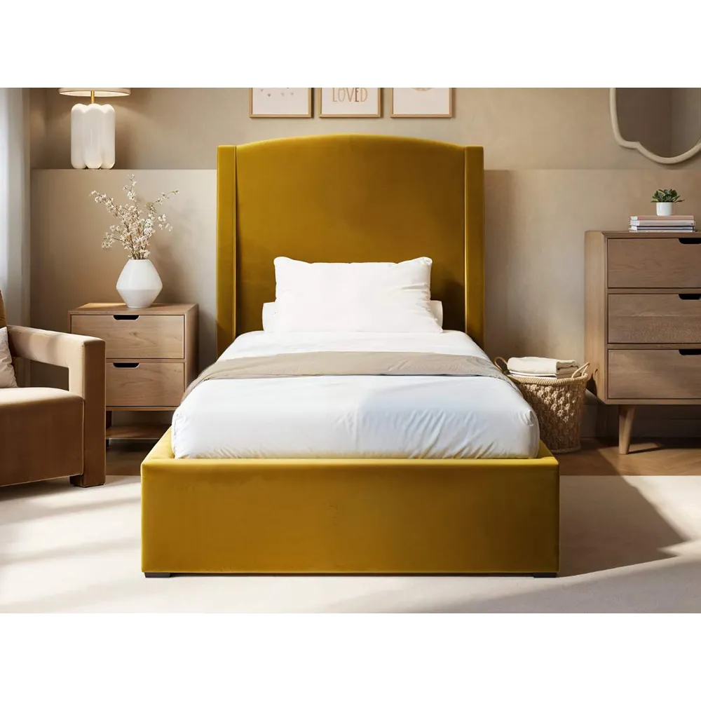 Blaine Single Ottoman Bed with Winged Headboard - Gold, Velvet