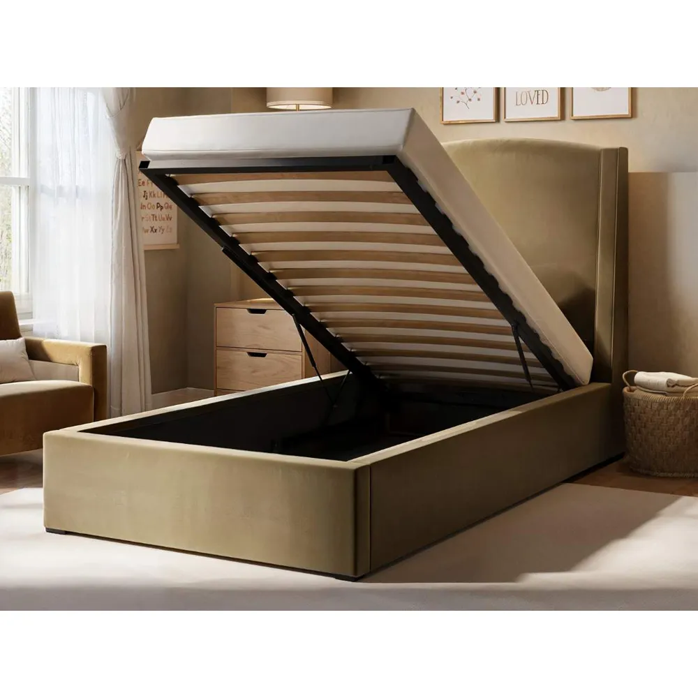 Blaine Single Ottoman Bed with Winged Headboard - Sand, Velvet