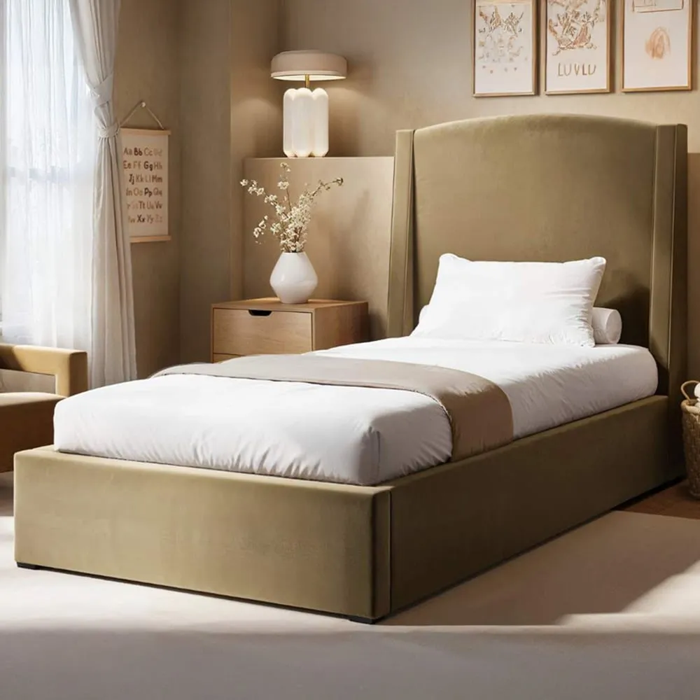 Blaine Single Ottoman Bed with Winged Headboard - Sand, Velvet