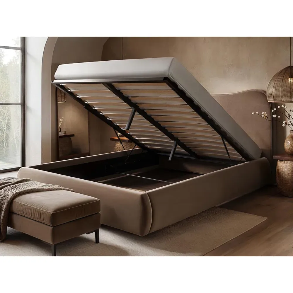 Ember Double Ottoman Bed with Storage - Brown, Velvet