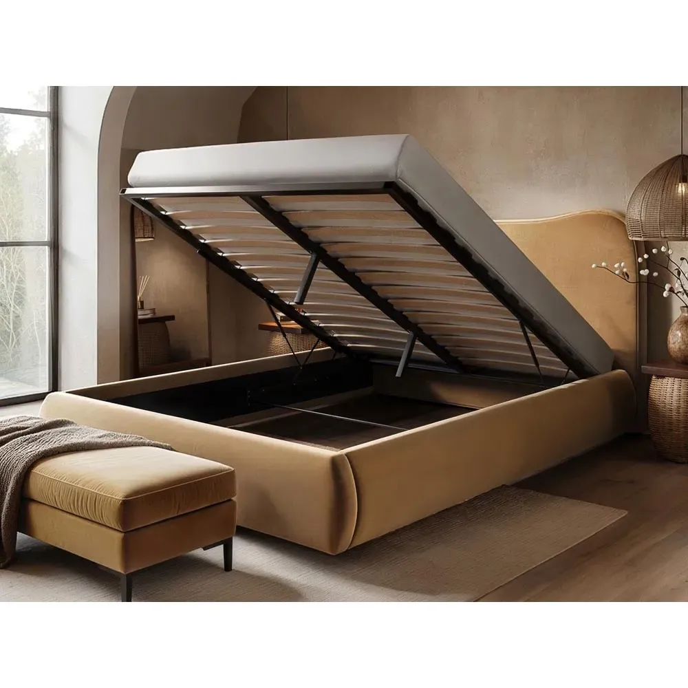 Ember Double Ottoman Bed with Storage - Gold, Velvet