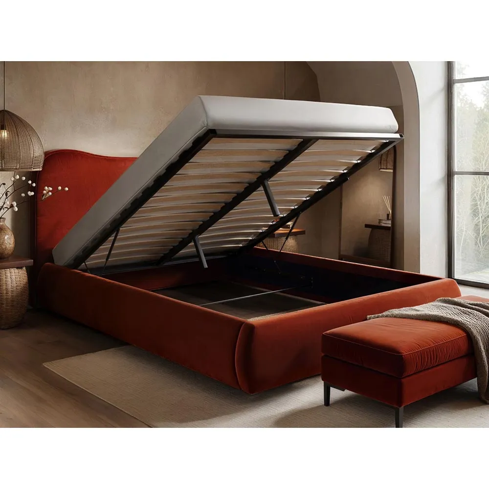 Ember Double Ottoman Bed with Storage - Orange, Velvet