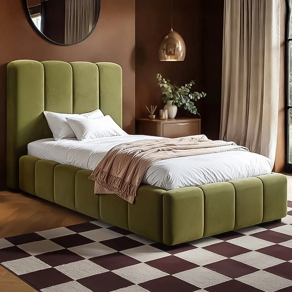 Emilie Single Ottoman Bed with Storage - Green, Velvet
