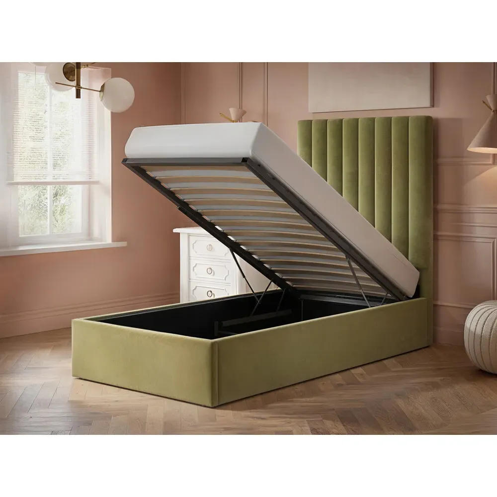 Everley Single Ottoman Bed with Storage - Green, Velvet