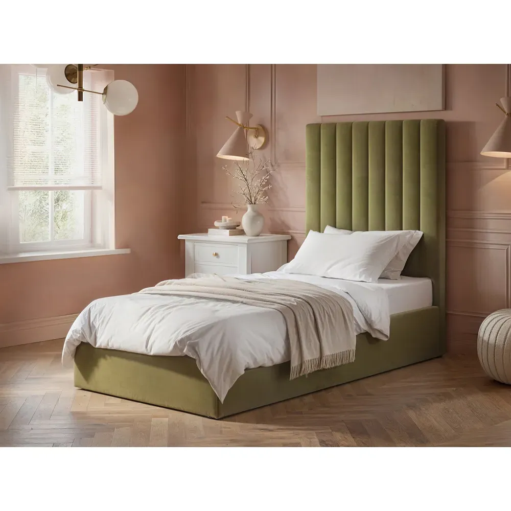 Everley Single Ottoman Bed with Storage - Green, Velvet