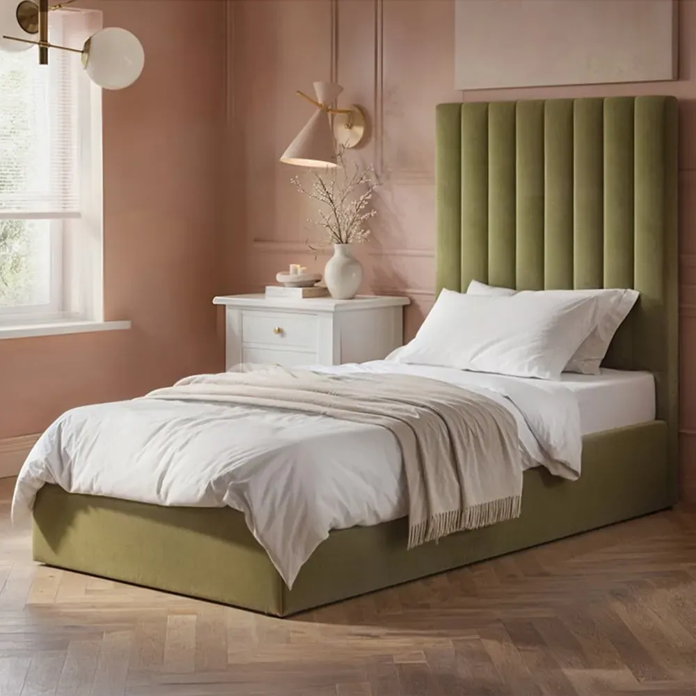 Everley Single Ottoman Bed with Storage - Green, Velvet image