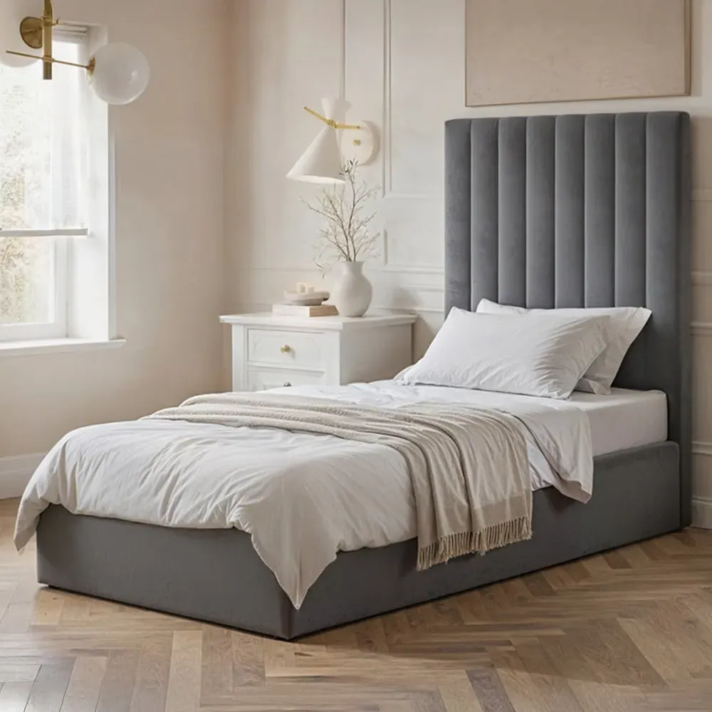 Everley Single Ottoman Bed with Storage - Grey, Velvet