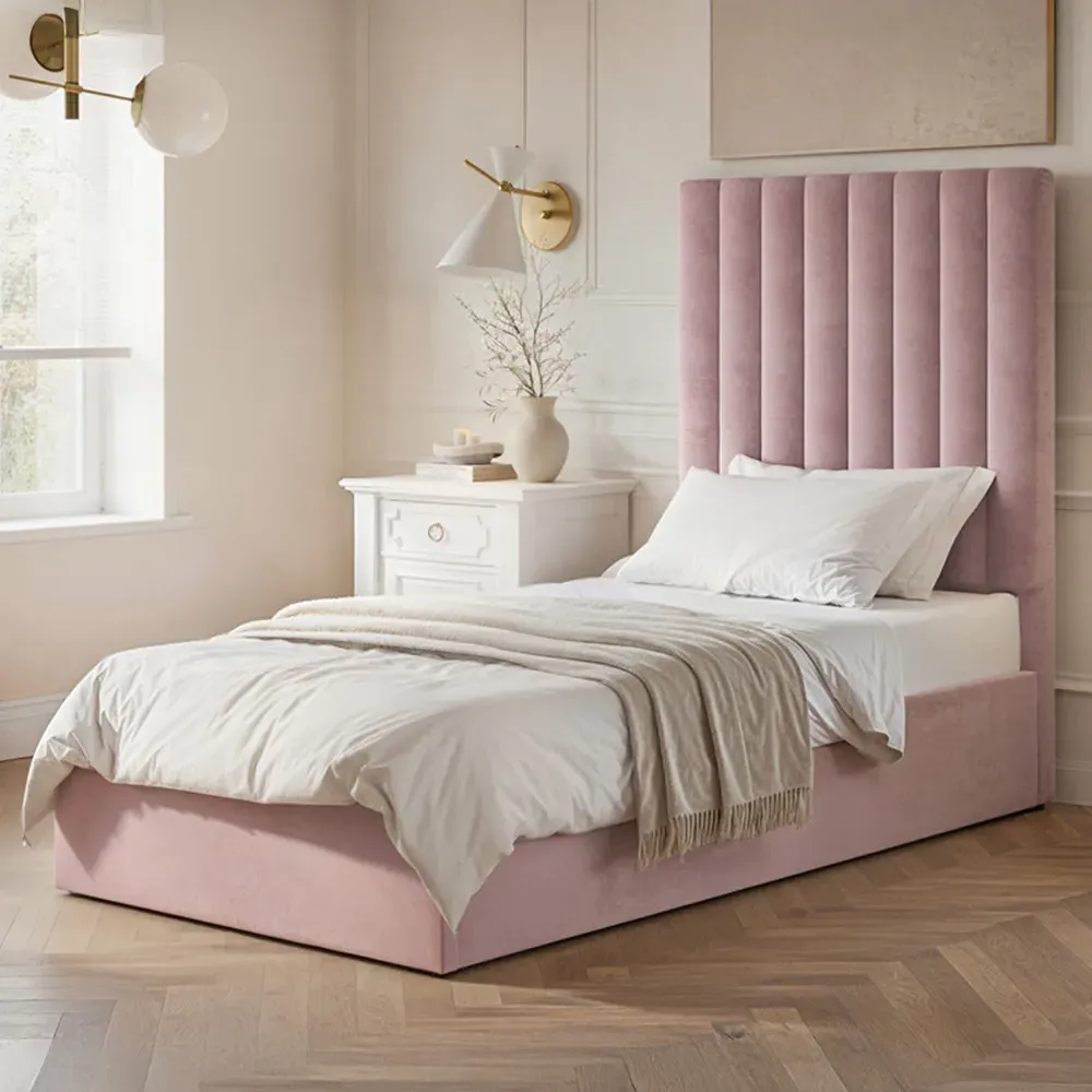 Everley Single Ottoman Bed with Storage - Pink, Velvet