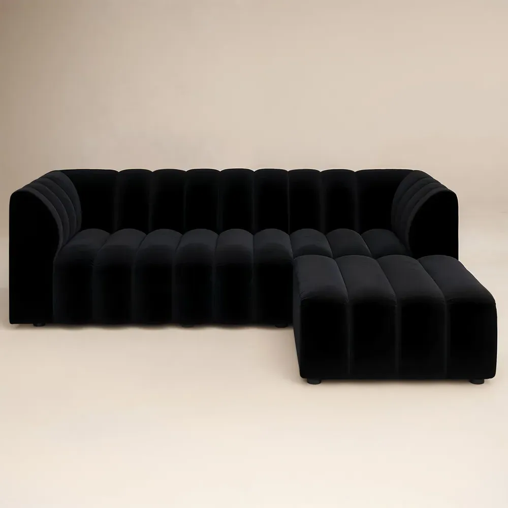 Halle 3-Seater Sofa with Footstool - Black, Velvet