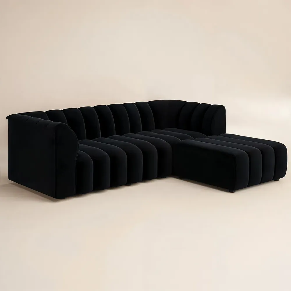 Halle 3-Seater Sofa with Footstool - Black, Velvet