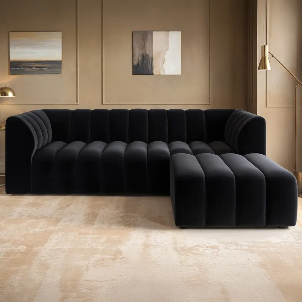 Halle 3-Seater Sofa with Footstool - Black, Velvet image