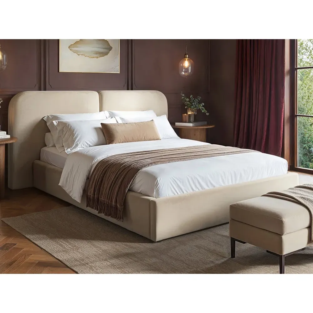 Lena Double Ottoman Bed with Storage - Beige, Velvet