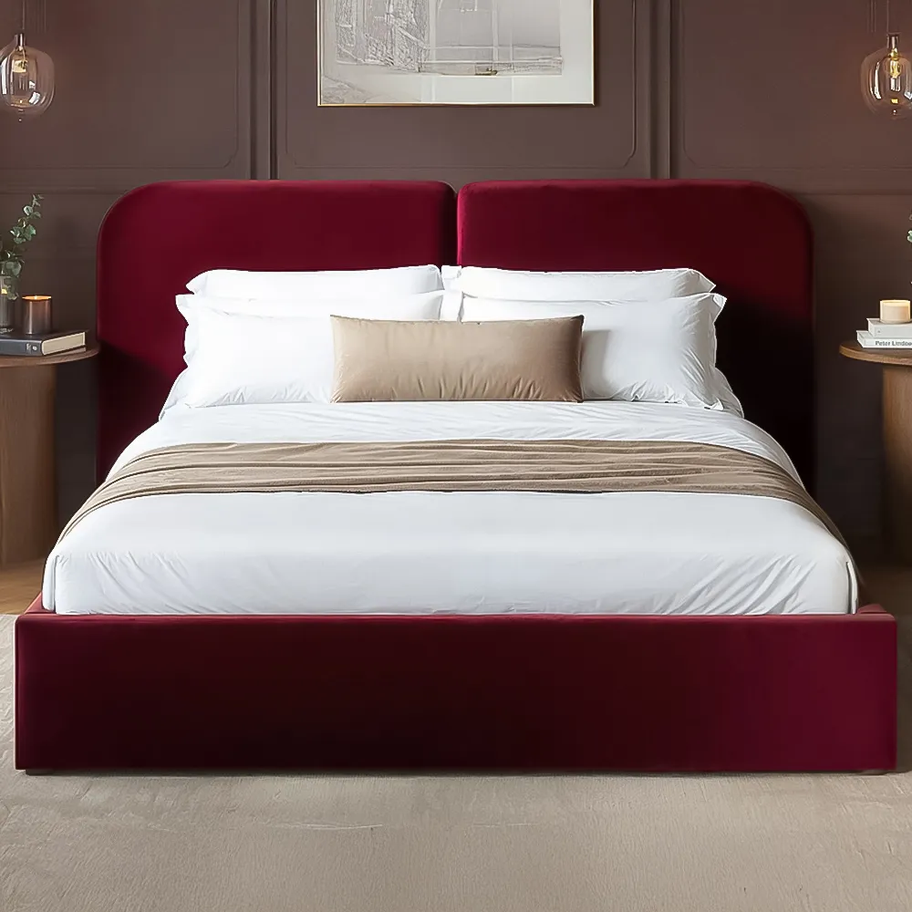 Lena Double Ottoman Bed with Storage - Burgundy, Velvet