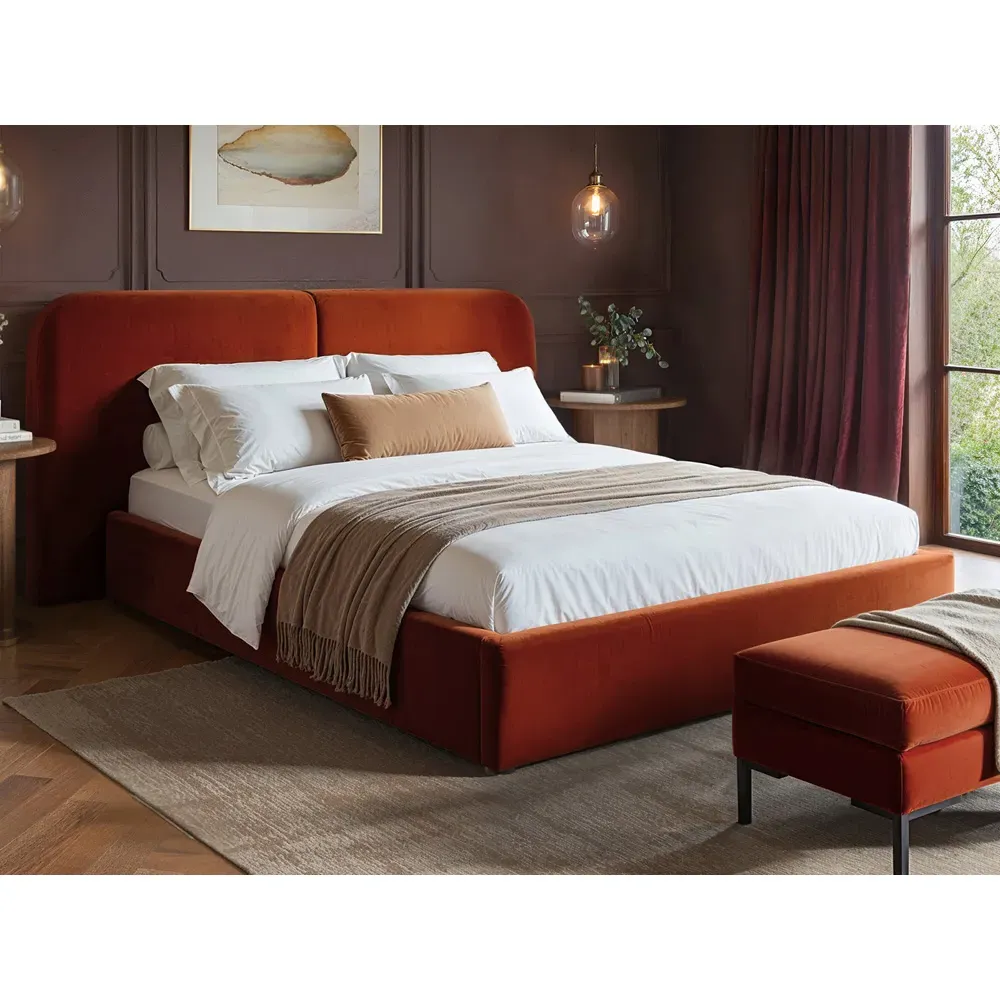 Lena Double Ottoman Bed with Storage - Orange, Velvet