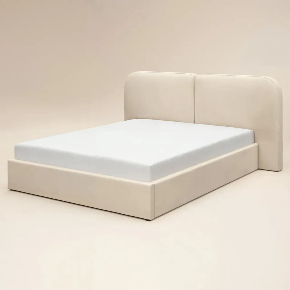 Lena King Size Ottoman Bed with Storage - Beige, Velvet