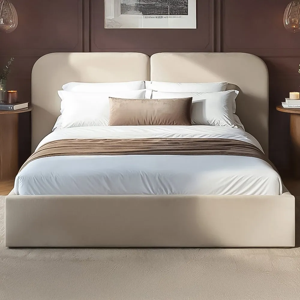 Lena King Size Ottoman Bed with Storage - Beige, Velvet