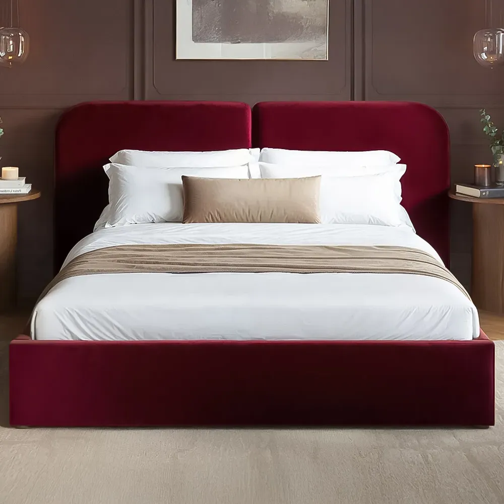 Lena King Size Ottoman Bed with Storage - Burgundy, Velvet
