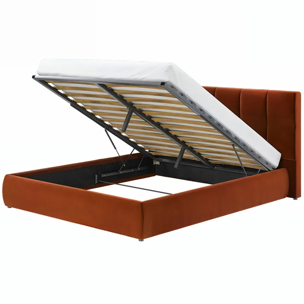 Mika Double Ottoman Bed with Storage - Orange, Velvet