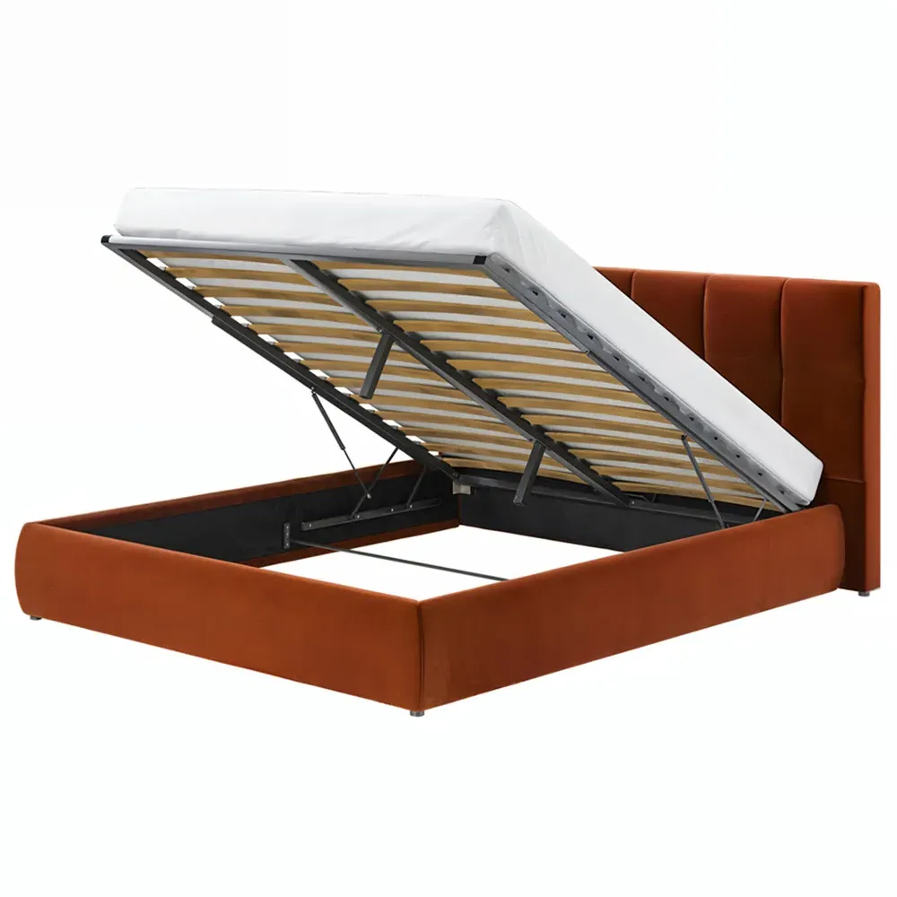 Mika King Size Ottoman Bed with Storage - Orange, Velvet