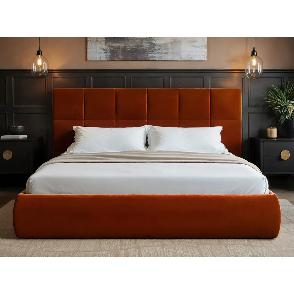 Mika King Size Ottoman Bed with Storage - Orange, Velvet