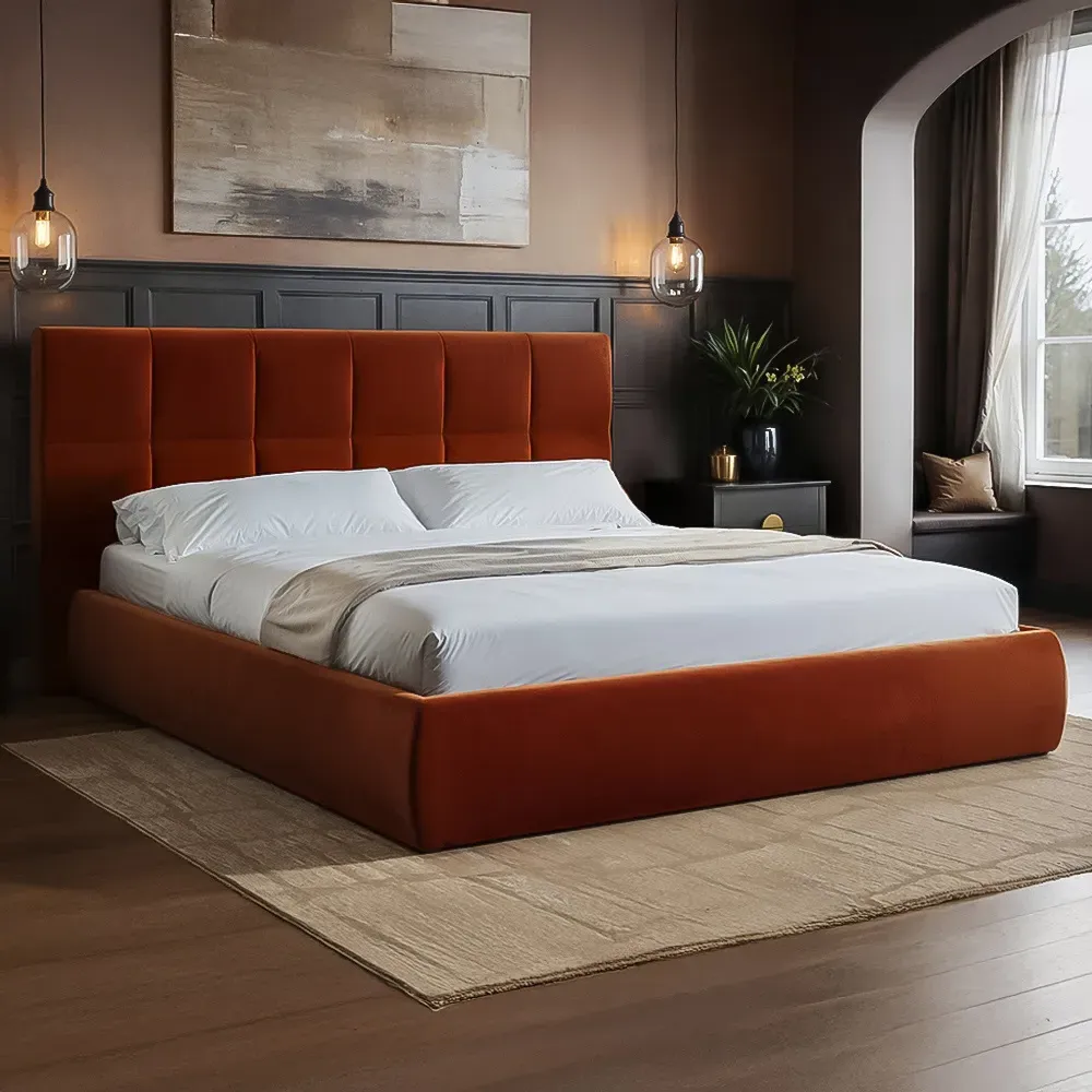 Mika King Size Ottoman Bed with Storage - Orange, Velvet