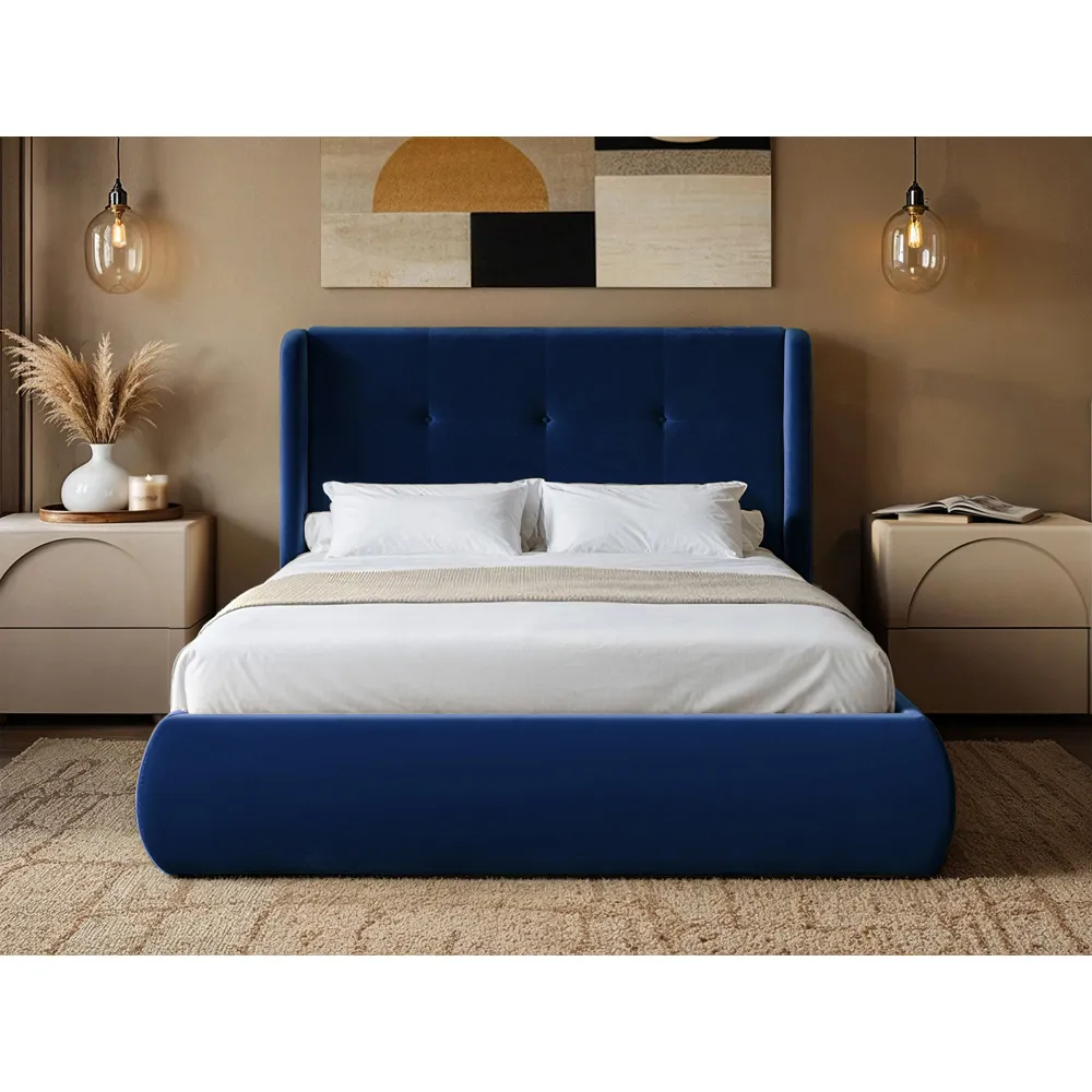 Monte King Size Ottoman Bed with Winged Headboard - Blue, Velvet
