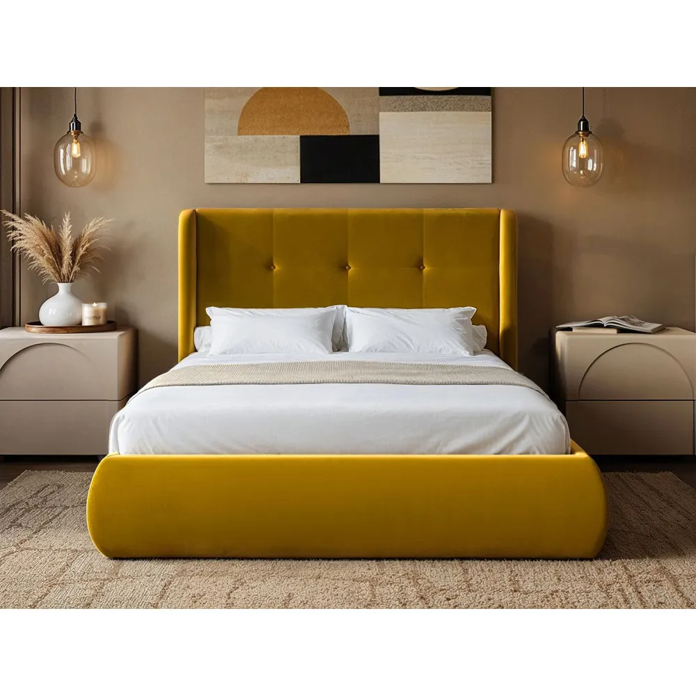 Monte King Size Ottoman Bed with Winged Headboard - Gold, Velvet