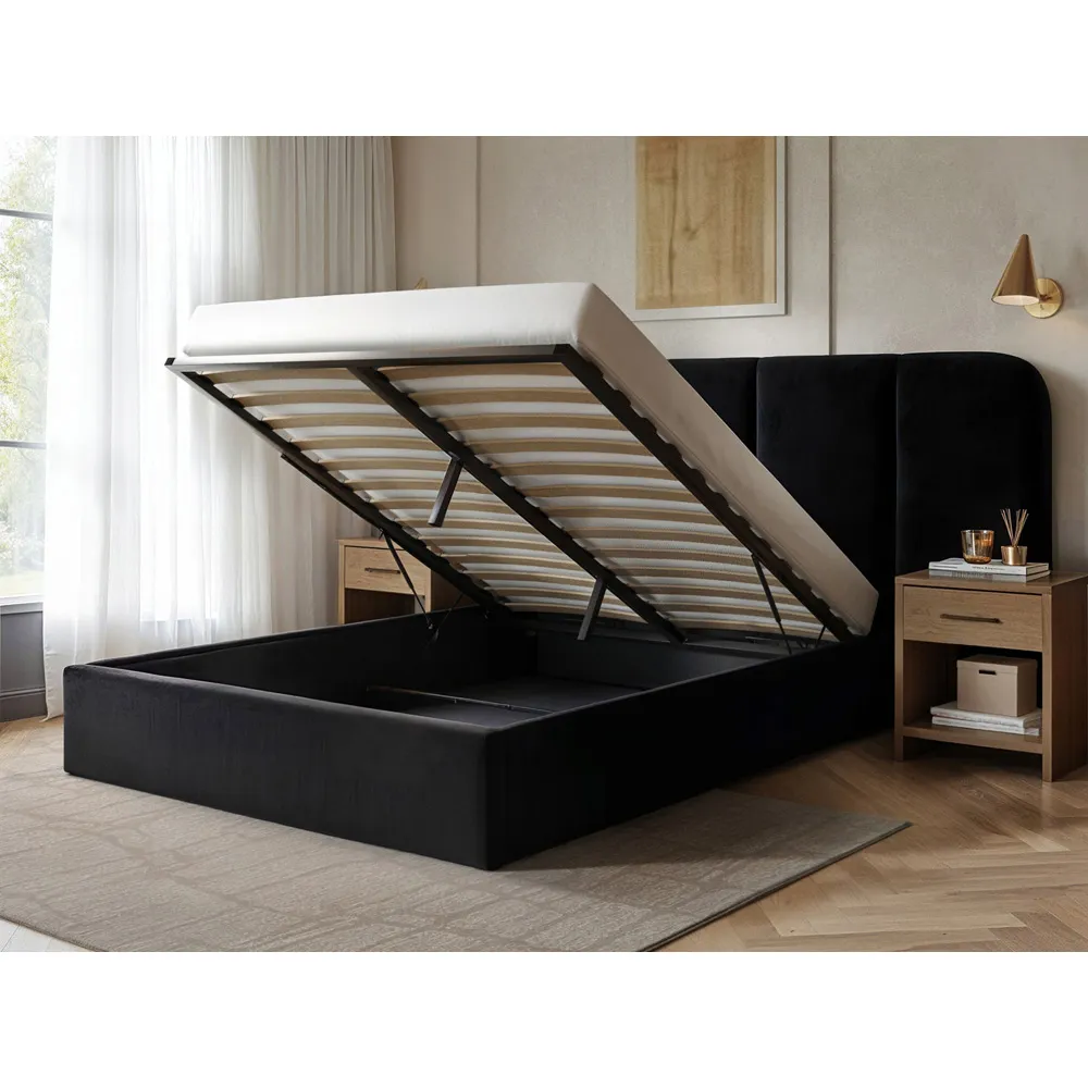 Sienna Double Ottoman Storage Bed - Black, Velvet