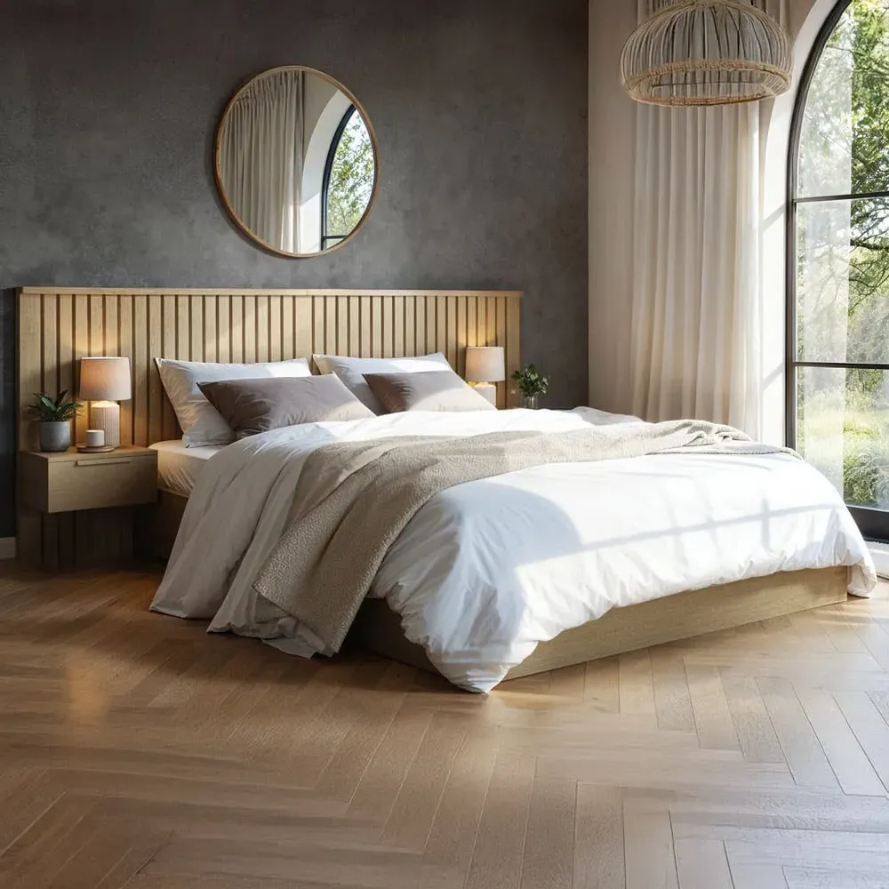 Taylor King Size Ottoman Bed with Side Table - Light Wood