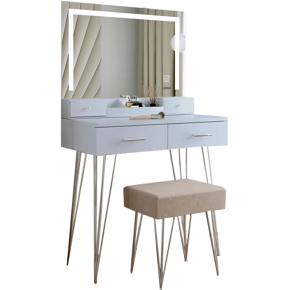 CARME Home 4 Drawer Dressing Table Set with LED Mirror - Grey