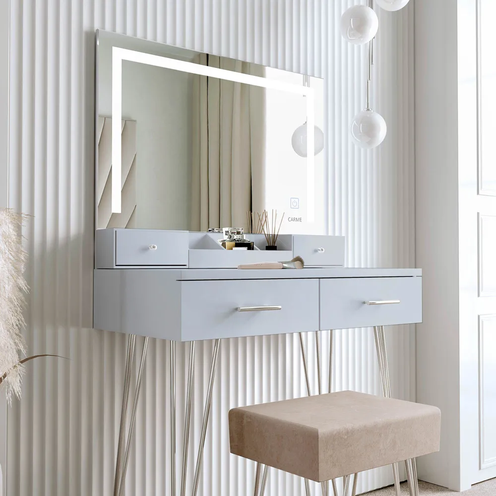 CARME Home 4 Drawer Dressing Table Set with LED Mirror - Grey