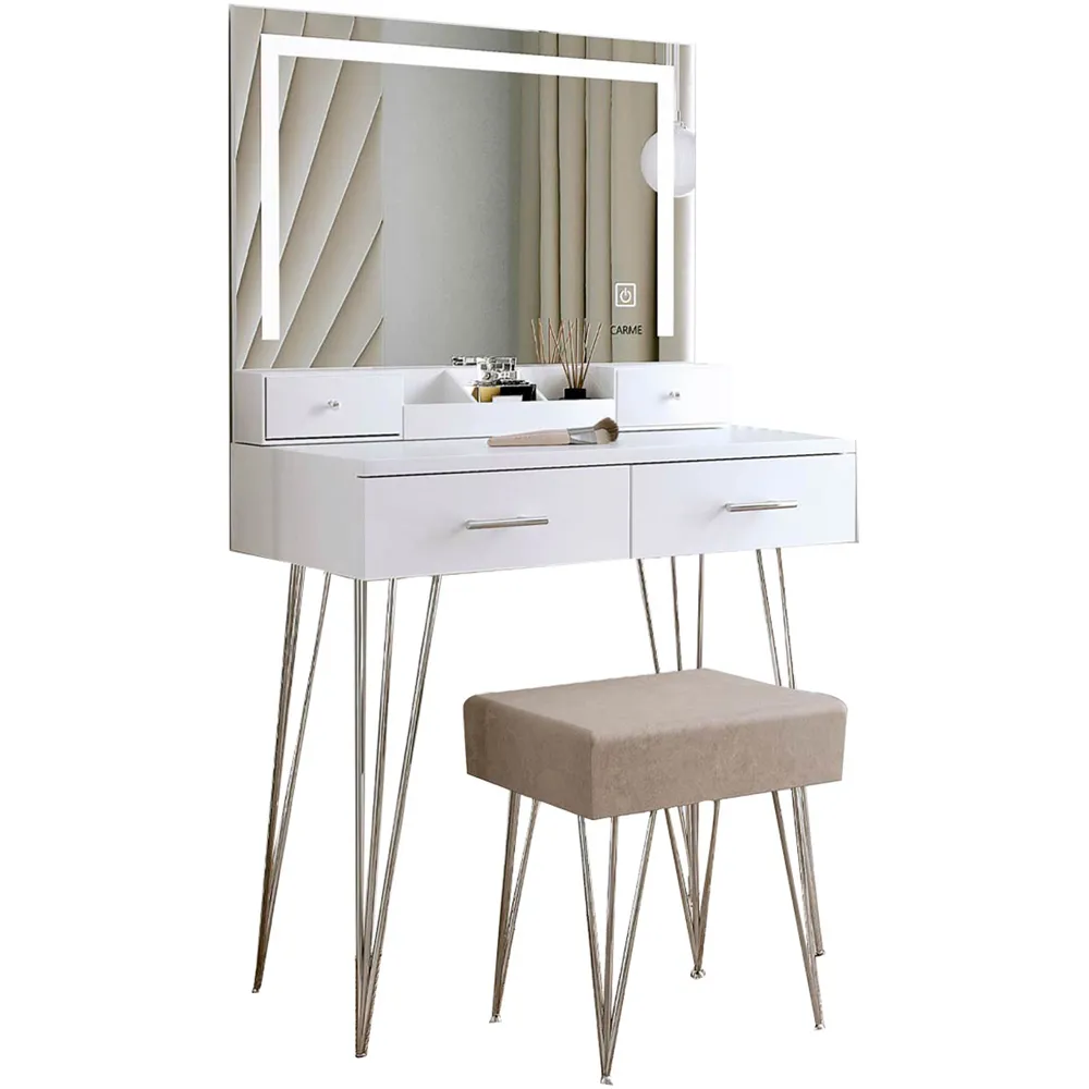CARME Home 4 Drawer Dressing Table Set with LED Mirror - White
