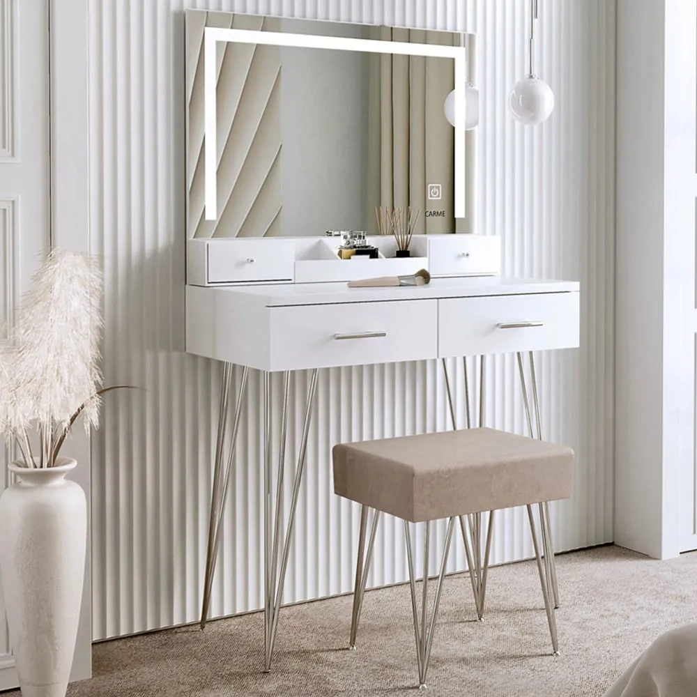 CARME Home 4 Drawer Dressing Table Set with LED Mirror - White
